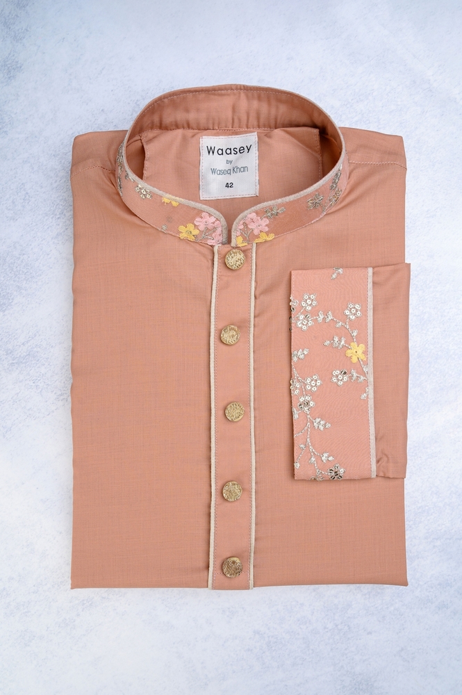 Peach Floral Embroidery Panjabi